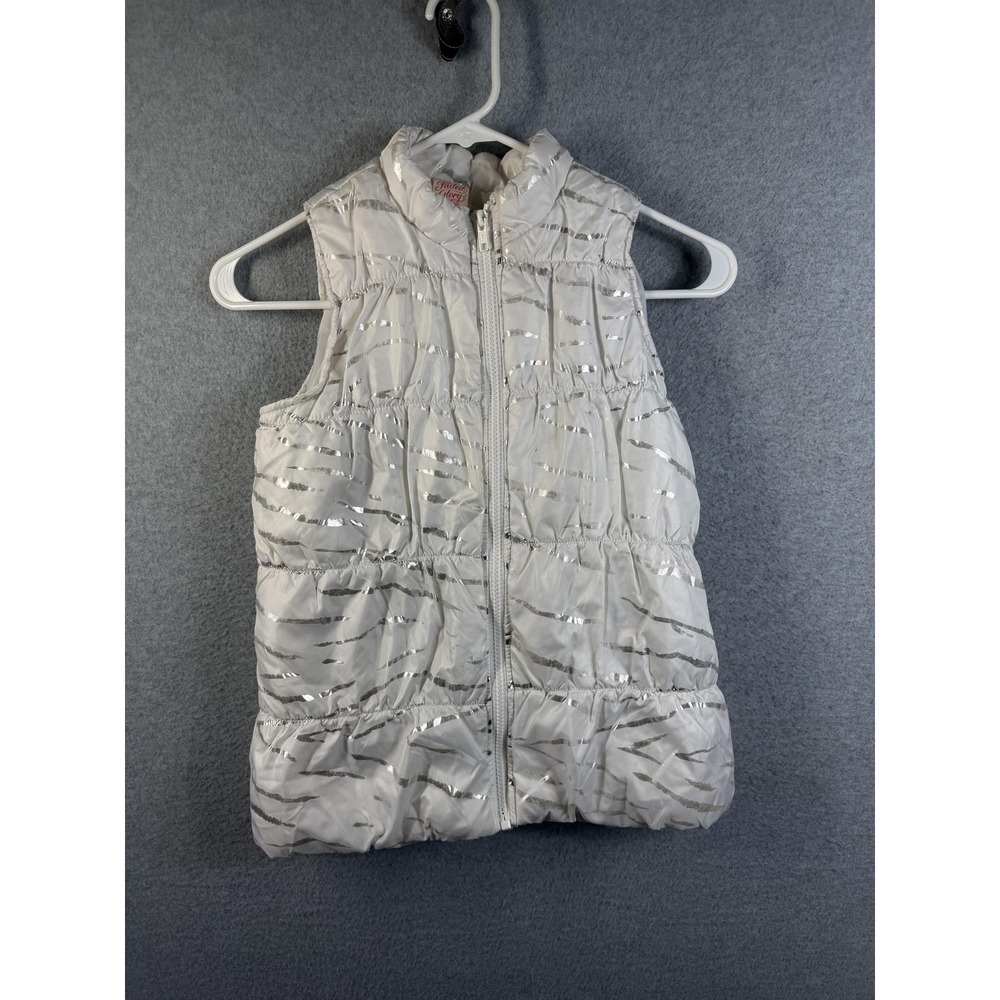 Faded Glory Vest Girls L10-12 White Arctic Puffer Metallic Stripe Winter Quilted